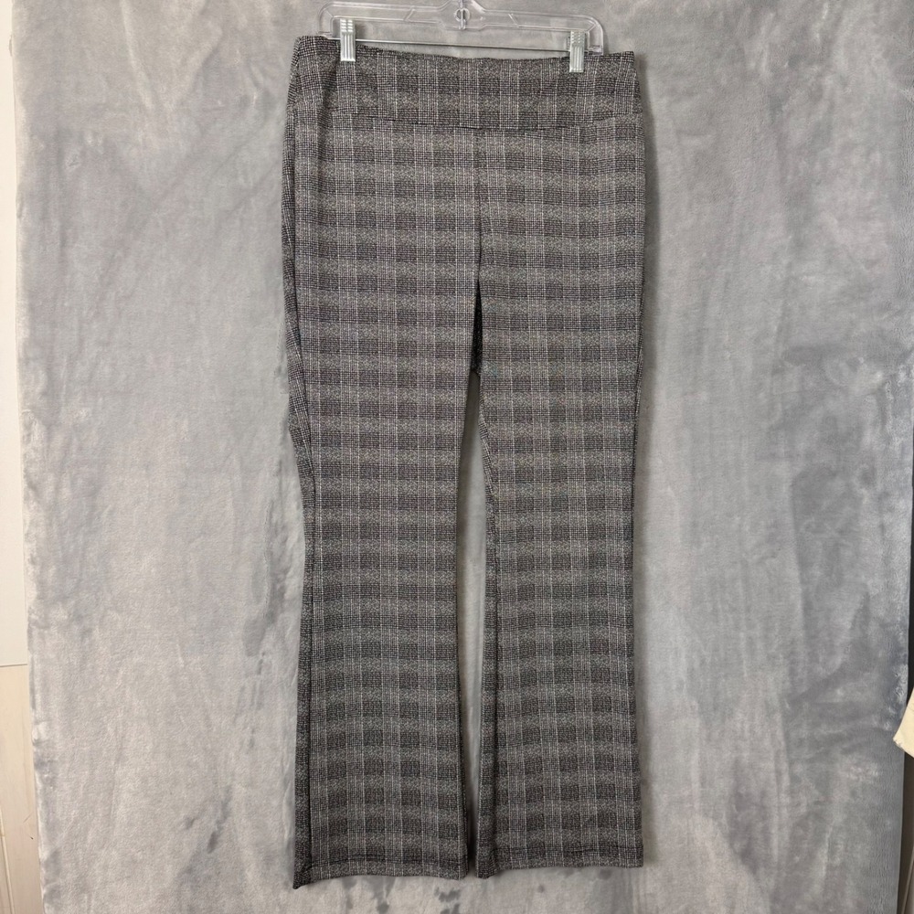 SOHO Apparel Ltd. Plaid Pants Women 1X Black White Stretch Flare Leg Pull On